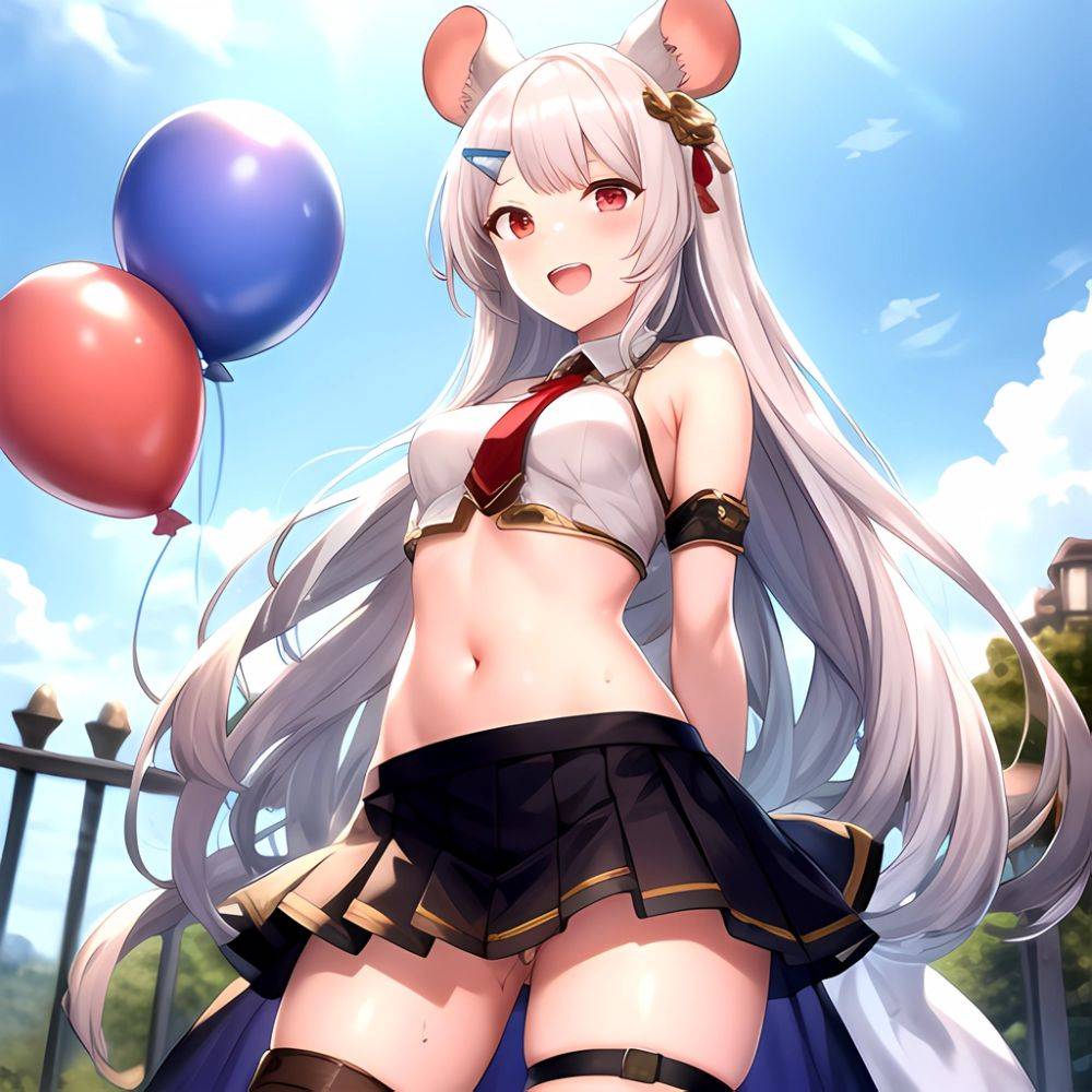 1girl Animal Ears Balloon Blush Granblue Fantasy Hair Ornament Hairclip Highres Medium Hair Mouse Ears Navel Open Mouth Pleated, 3071200806 - AIHentai - #main