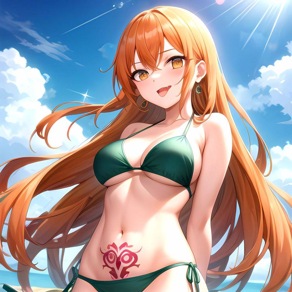 Nami One Piece 1girl Bare Arms Bare Shoulders Bikini Breasts Earrings Green Bikini Groin Jewelry Large Breasts Long Hair Looking, 2255289642 - AIHentai - #main