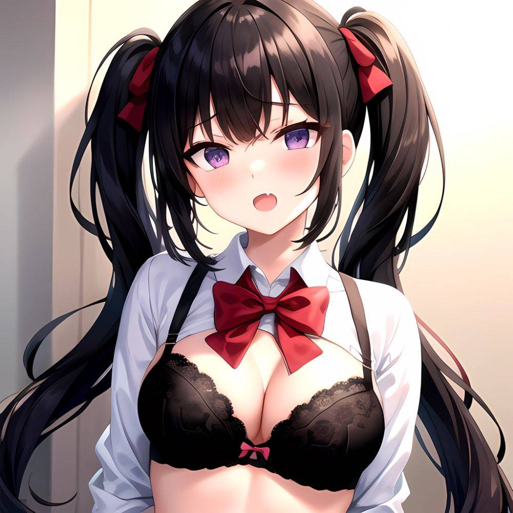 1girl Black Eyes Black Hair Blush Bow Bowtie Bra Breasts Center Opening Cleavage Collared Shirt Fang Grey Bra Hair Intakes, 1734000817 - AIHentai - #main