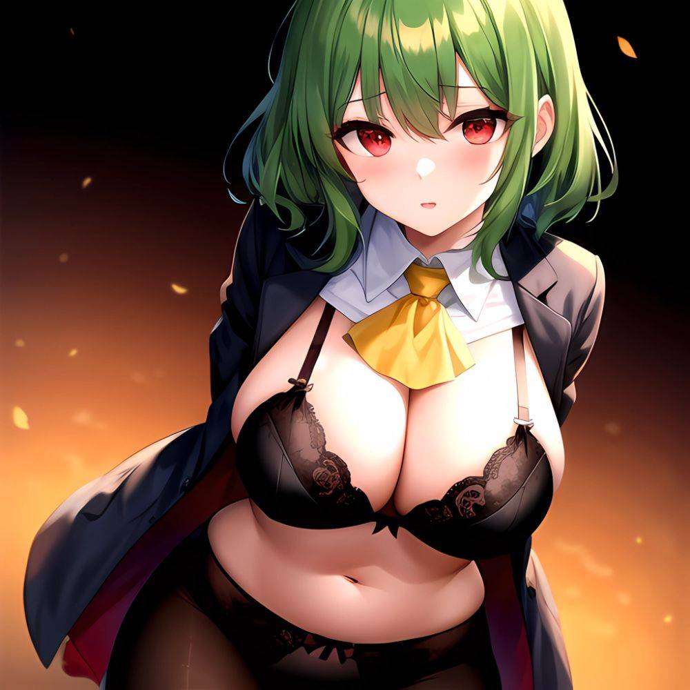 Kazami Yuuka 1girl Arms Behind Back Ascot Black Background Black Bra Black Panties Black Pantyhose Bra Breasts Cleavage Green Ha, 4220418024 - AIHentai - #main