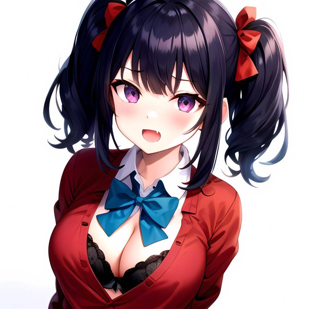 1girl Black Eyes Blue Hair Blush Bow Bowtie Bra Breasts Center Opening Cleavage Collared Shirt Fang Black Bra Hair Intakes, 2491513942 - AIHentai - #main