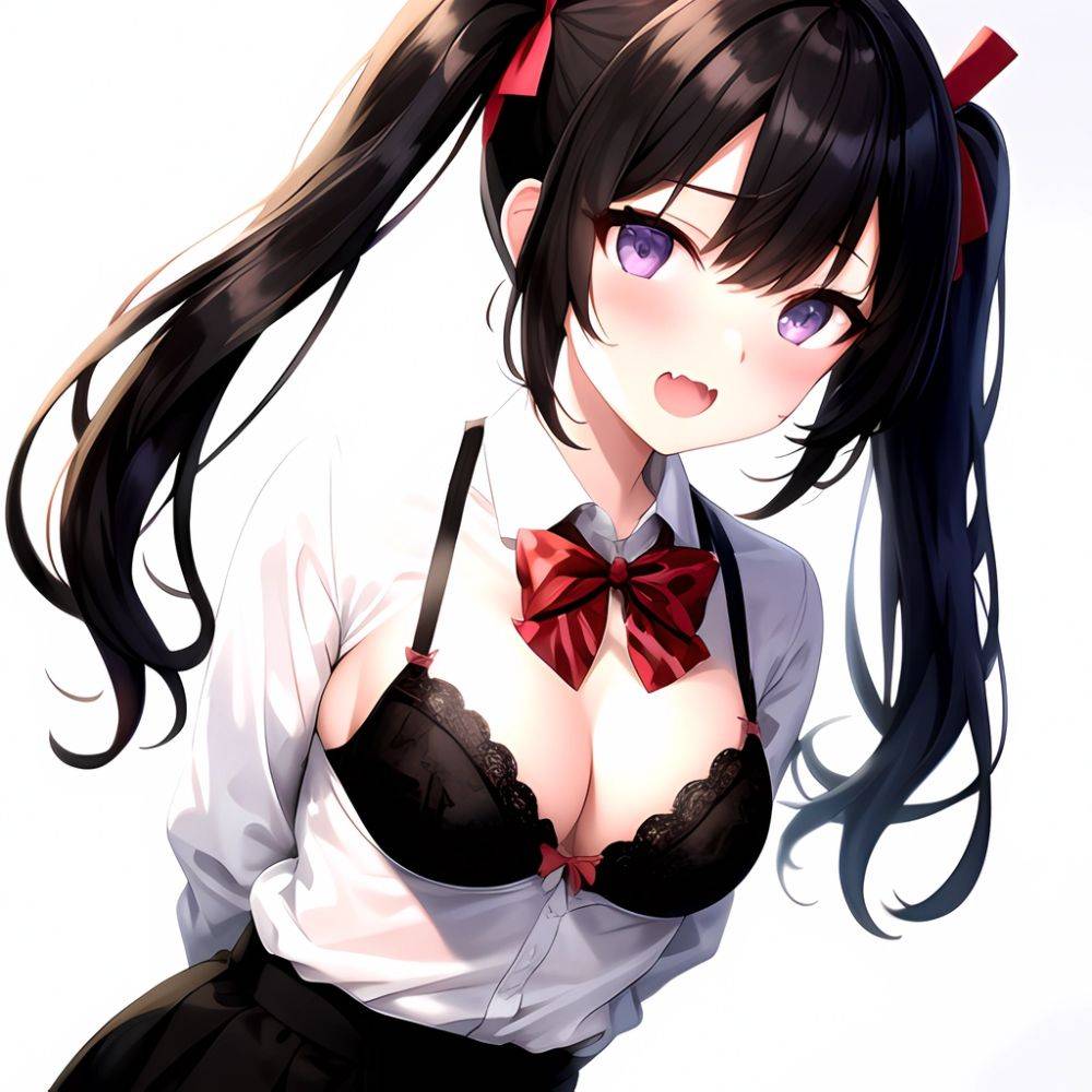 1girl Black Eyes Black Hair Blush Bow Bowtie Bra Breasts Center Opening Cleavage Collared Shirt Fang Grey Bra Hair Intakes, 3210231174 - AIHentai - #main