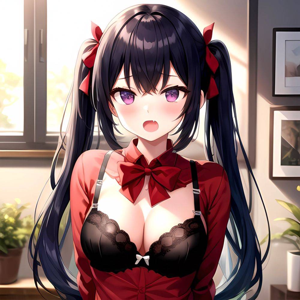 1girl Black Eyes Blue Hair Blush Bow Bowtie Bra Breasts Center Opening Cleavage Collared Shirt Fang Black Bra Hair Intakes, 2799602227 - AIHentai - #main