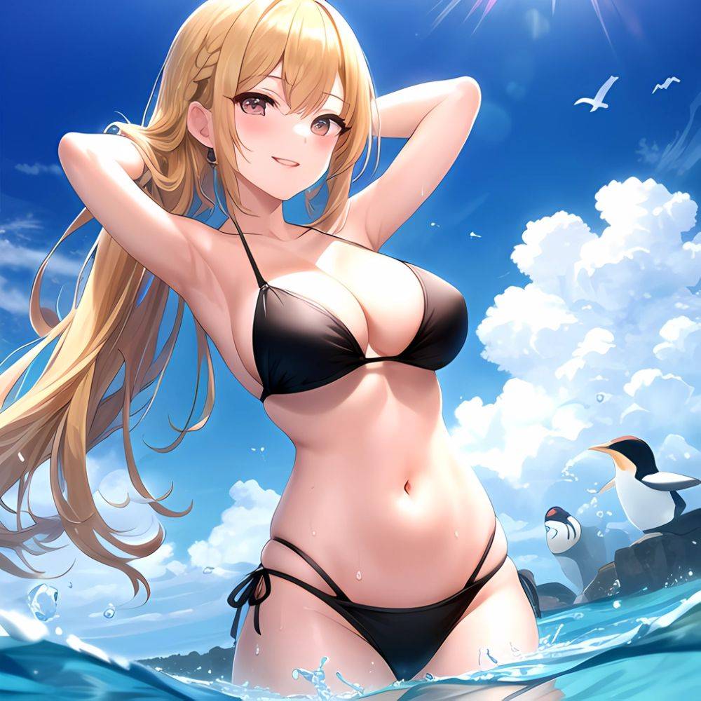 Empress Last Origin 1girl Armpits Arms Behind Head Bikini Bird Black Bikini Blonde Hair Blue Sky Breasts Cloud Gradient Hair, 3731864246 - AIHentai - #main