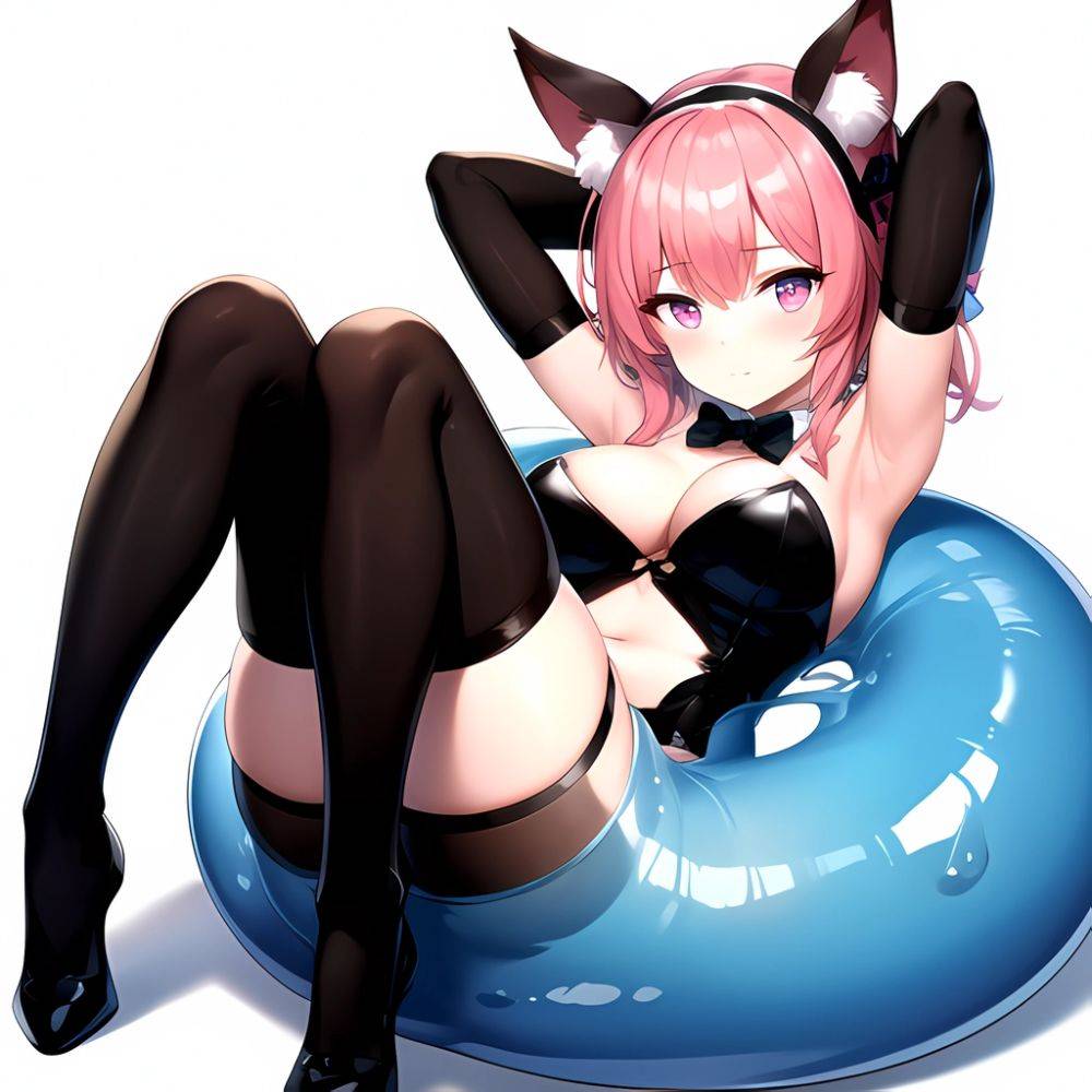 1girl Animal Ears Armpits Arms Behind Head Black Bow Black Bowtie Black Gloves Black Hairband Black Thighhighs Blue Skin Blunt, 3806295690 - AIHentai - #main