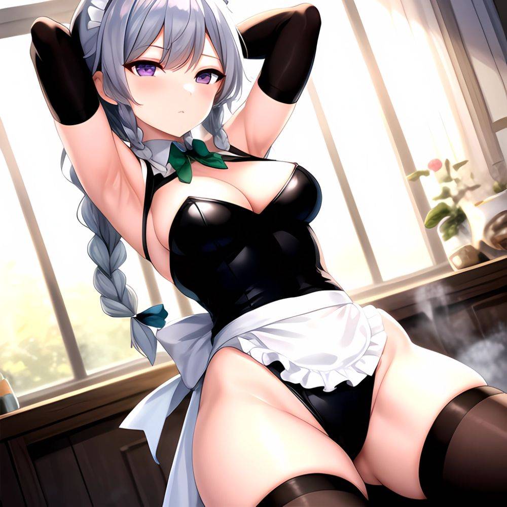 Izayoi Sakuya 1girl Armpits Blue Leotard Bow Braid Breasts Expressionless Gloves Green Bow Grey Hair Large Breasts Latex Latex G, 2874635869 - AIHentai - #main