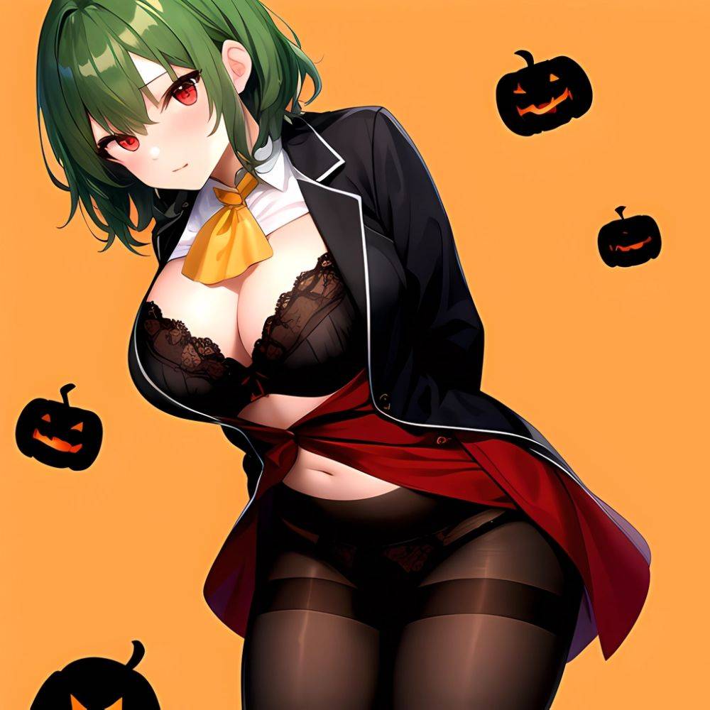 Pumpkins Halloween Kazami Yuuka 1girl Arms Behind Back Ascot Black Background Black Bra Black Panties Black Pantyhose Bra Breast, 1558868404 - AIHentai - #main