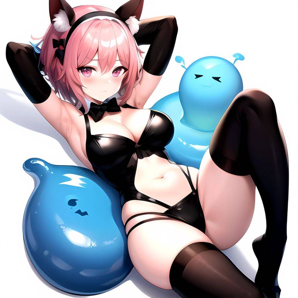 1girl Animal Ears Armpits Arms Behind Head Black Bow Black Bowtie Black Gloves Black Hairband Black Thighhighs Blue Skin Blunt, 3794115087 - AIHentai - #main