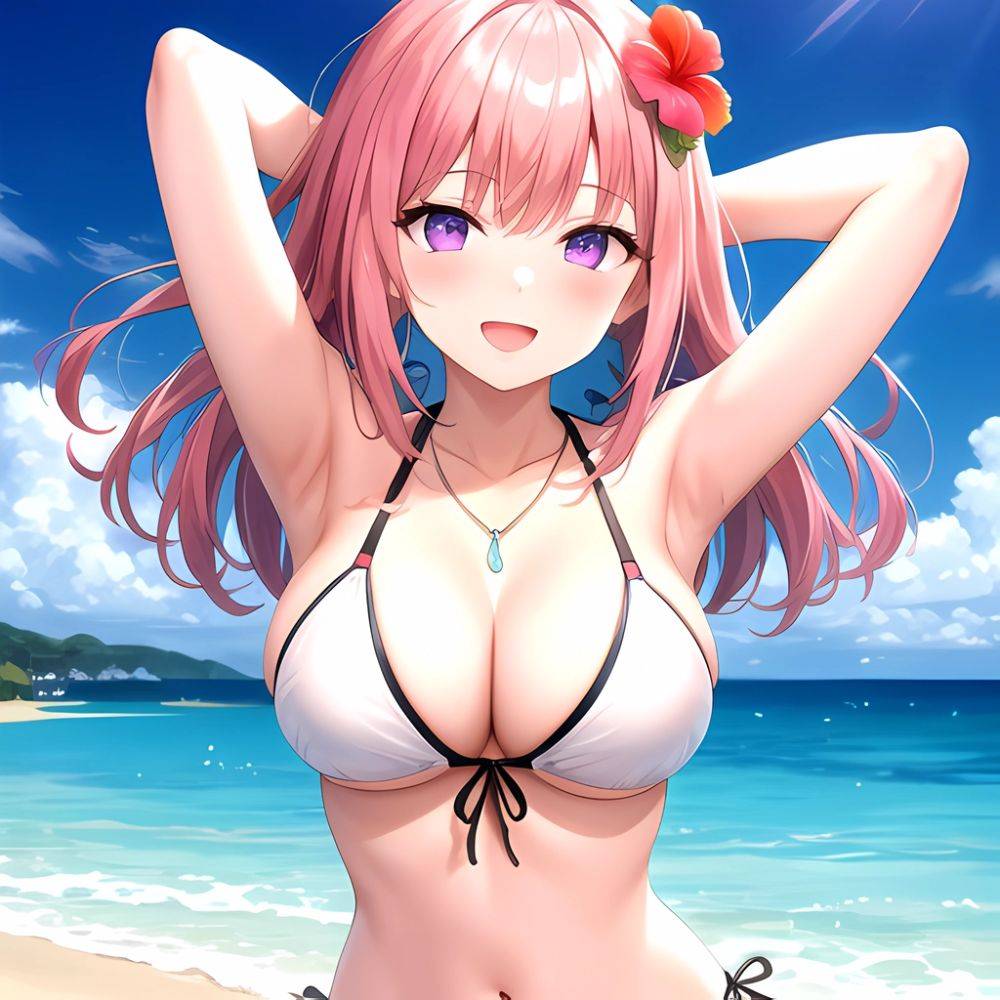 Yayoi Sakura 1girl Armpits Arms Behind Head Bikini Bracelet Breasts Cleavage Flower Hair Flower Hair Ornament Hibiscus Long Hair, 1837780418 - AIHentai - #main