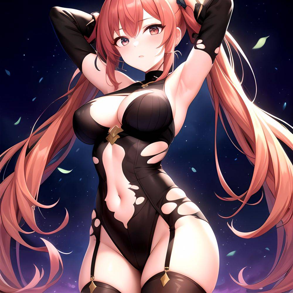 Roana Epic Seven 1girl Areola Slip Arm Garter Armpits Arms Behind Head Black Bodysuit Blush Bodysuit Breasts Brown Hair Covered, 3169486888 - AIHentai - #main