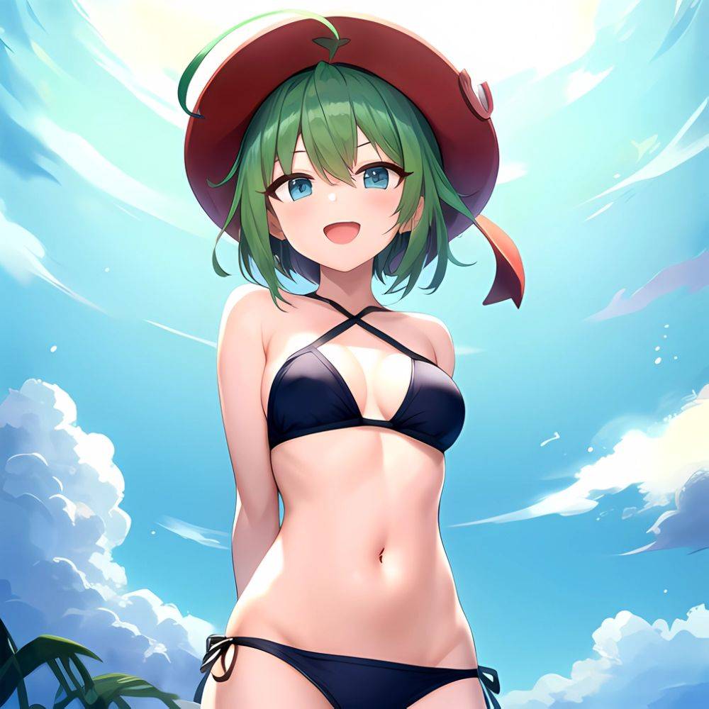 Roro Gunvolt 1girl Ahoge Arms Behind Back Bikini Blue Eyes Breasts Cowboy Shot Green Hair Groin Halterneck Headgear Light Partic, 1247343456 - AIHentai - #main