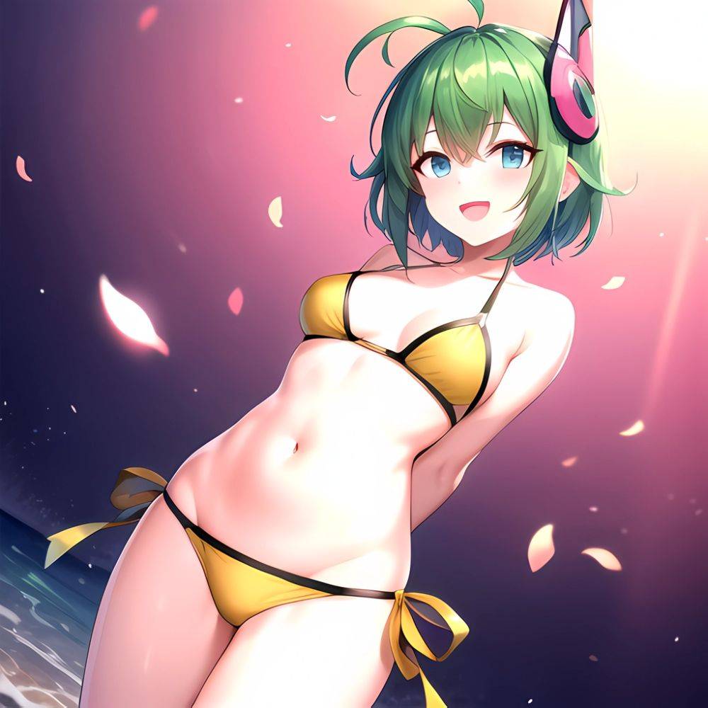 Roro Gunvolt 1girl Ahoge Arms Behind Back Bikini Blue Eyes Breasts Cowboy Shot Green Hair Groin Halterneck Headgear Light Partic, 2689766127 - AIHentai - #main