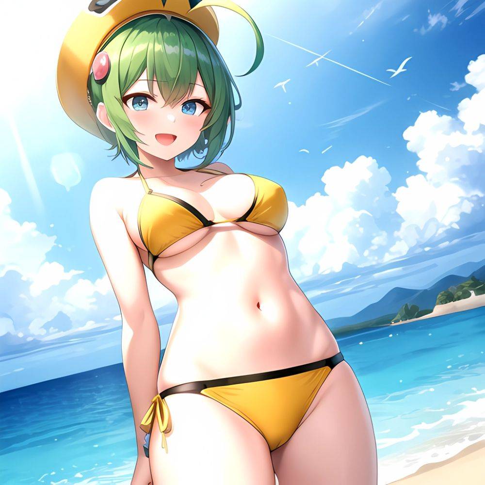 Roro Gunvolt 1girl Ahoge Arms Behind Back Bikini Blue Eyes Breasts Cowboy Shot Green Hair Groin Halterneck Headgear Light Partic, 2312913803 - AIHentai - #main