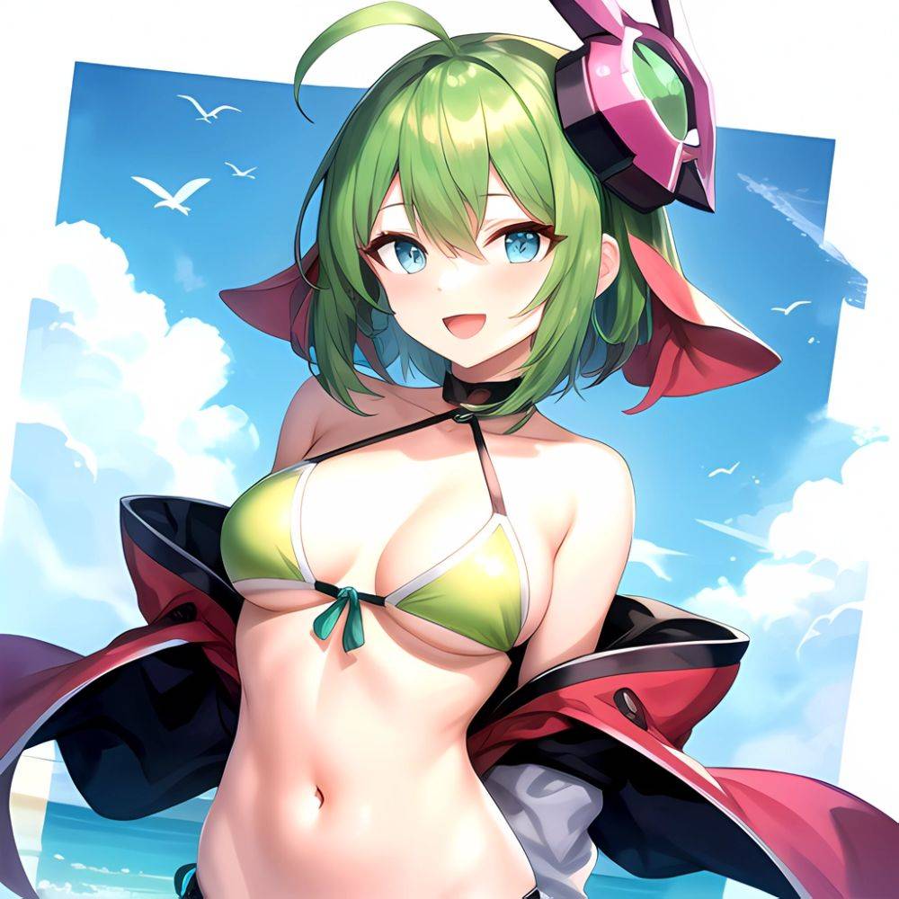Roro Gunvolt 1girl Ahoge Arms Behind Back Bikini Blue Eyes Breasts Cowboy Shot Green Hair Groin Halterneck Headgear Light Partic, 2445864539 - AIHentai - #main