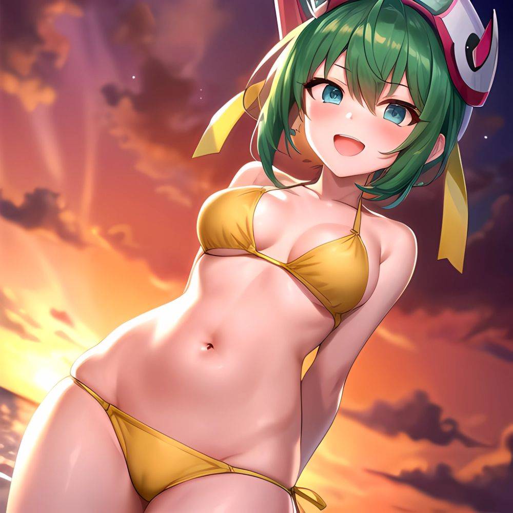 Roro Gunvolt 1girl Ahoge Arms Behind Back Bikini Blue Eyes Breasts Cowboy Shot Green Hair Groin Halterneck Headgear Light Partic, 509301838 - AIHentai - #main