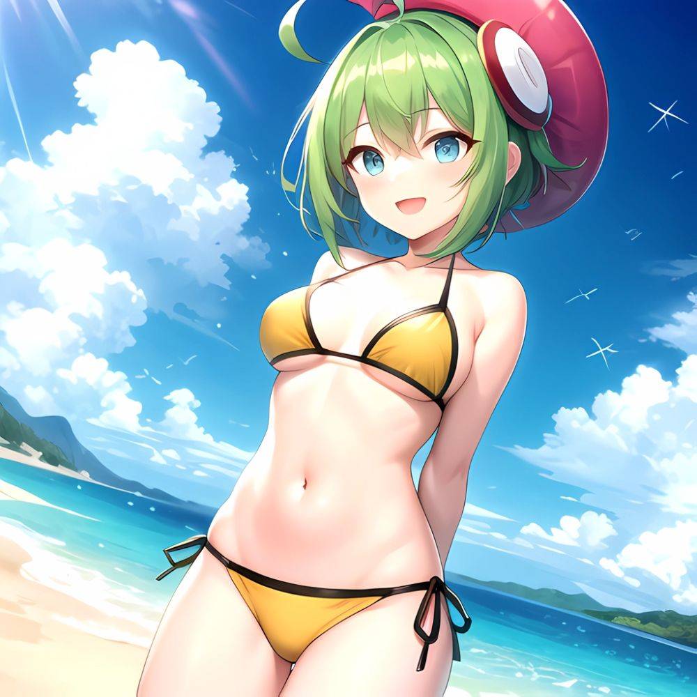 Roro Gunvolt 1girl Ahoge Arms Behind Back Bikini Blue Eyes Breasts Cowboy Shot Green Hair Groin Halterneck Headgear Light Partic, 278581887 - AIHentai - #main