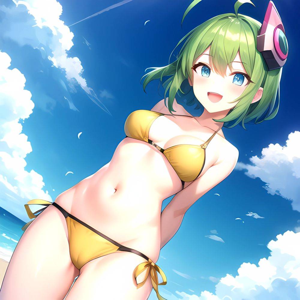 Roro Gunvolt 1girl Ahoge Arms Behind Back Bikini Blue Eyes Breasts Cowboy Shot Green Hair Groin Halterneck Headgear Light Partic, 2111129019 - AIHentai - #main