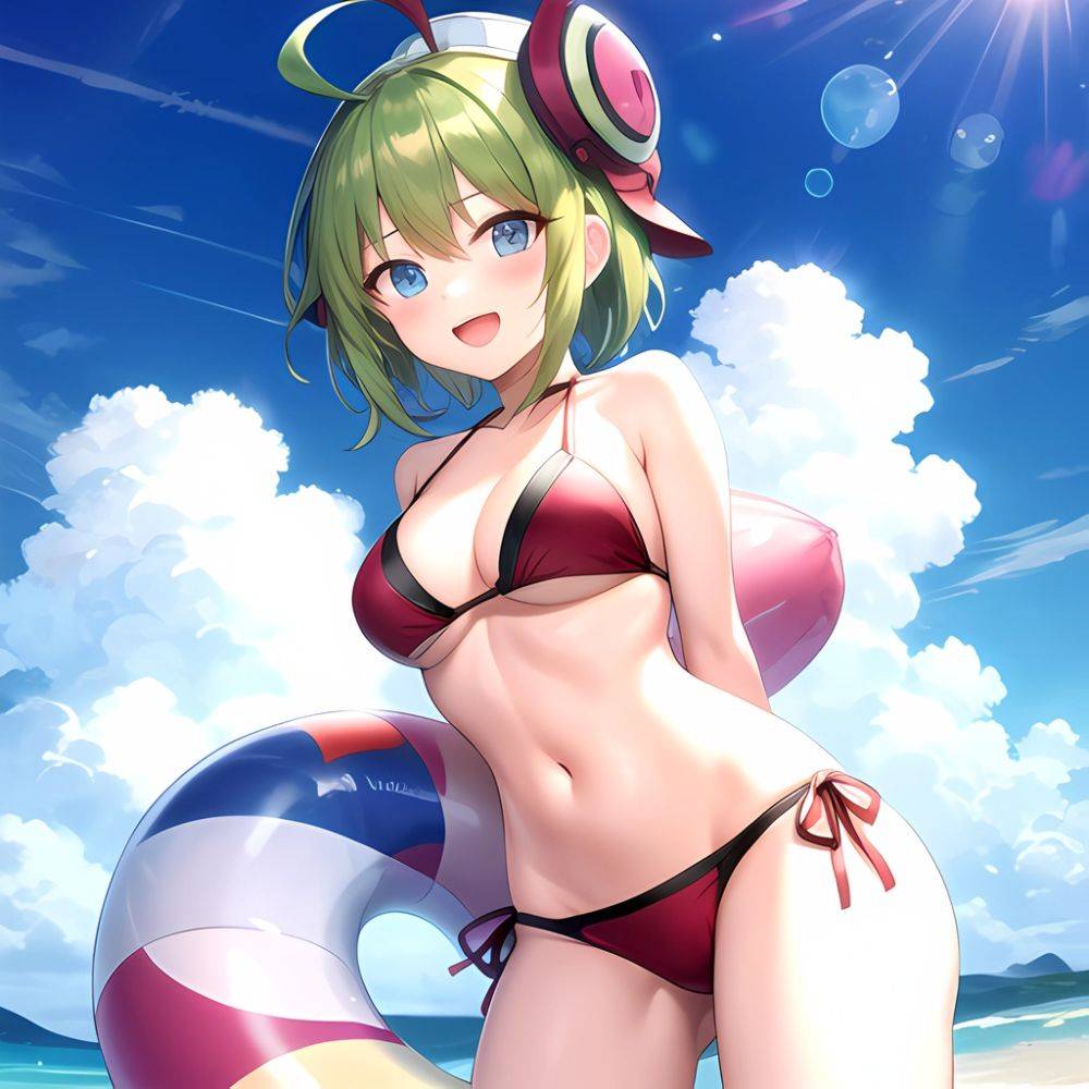 Roro Gunvolt 1girl Ahoge Arms Behind Back Bikini Blue Eyes Breasts Cowboy Shot Green Hair Groin Halterneck Headgear Light Partic, 272856143 - AIHentai - #main