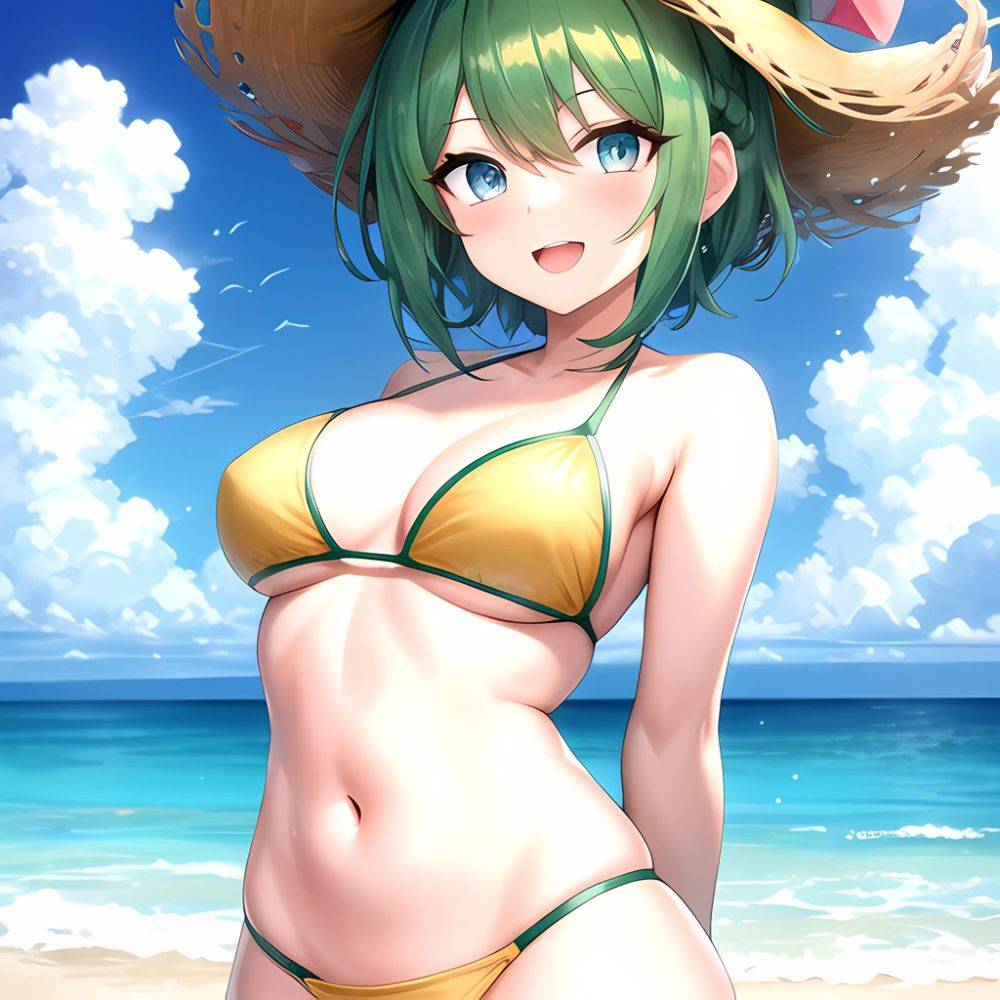 Roro Gunvolt 1girl Ahoge Arms Behind Back Bikini Blue Eyes Breasts Cowboy Shot Green Hair Groin Halterneck Headgear Light Partic, 401012108 - AIHentai - #main