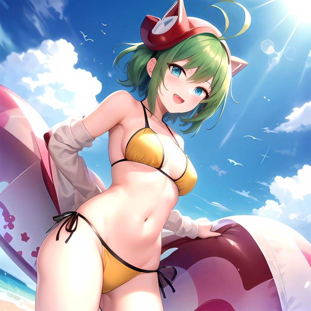 Roro Gunvolt 1girl Ahoge Arms Behind Back Bikini Blue Eyes Breasts Cowboy Shot Green Hair Groin Halterneck Headgear Light Partic, 3541107059 - AIHentai - #main