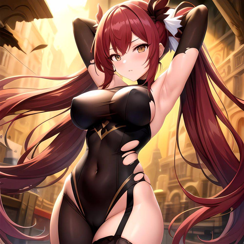 Roana Epic Seven 1girl Areola Slip Arm Garter Armpits Arms Behind Head Black Bodysuit Blush Bodysuit Breasts Brown Hair Covered, 1738326877 - AIHentai - #main