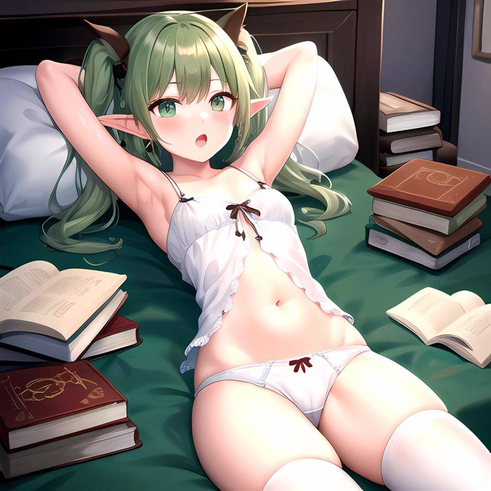 Frieren 1girl Alternate Costume Arm Behind Head Arm Up Armpits Bare Shoulders Book Breasts Brown Thighhighs Camisole Collarbone, 340968403 - AIHentai - #main