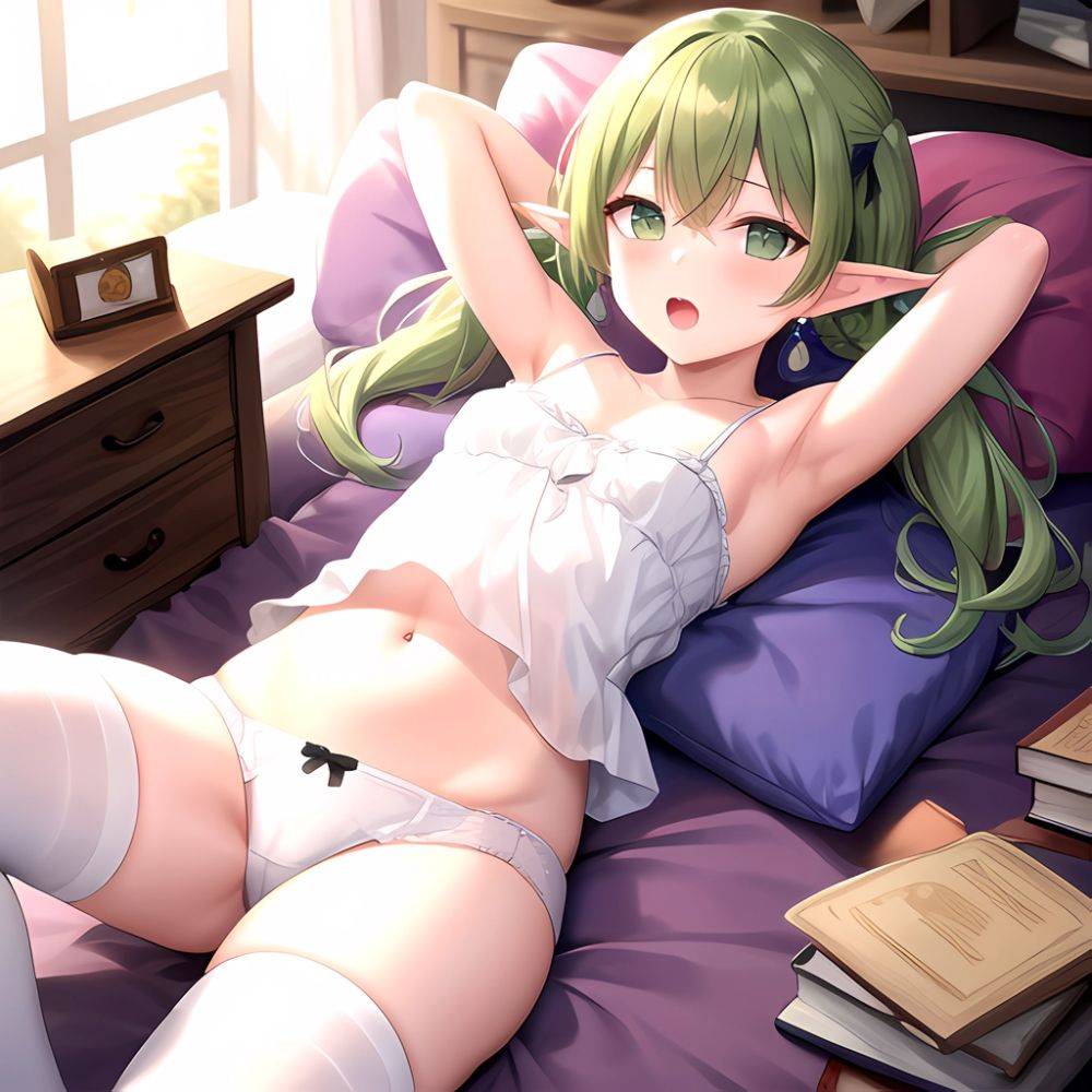 Frieren 1girl Alternate Costume Arm Behind Head Arm Up Armpits Bare Shoulders Book Breasts Brown Thighhighs Camisole Collarbone, 2898295038 - AIHentai - #main