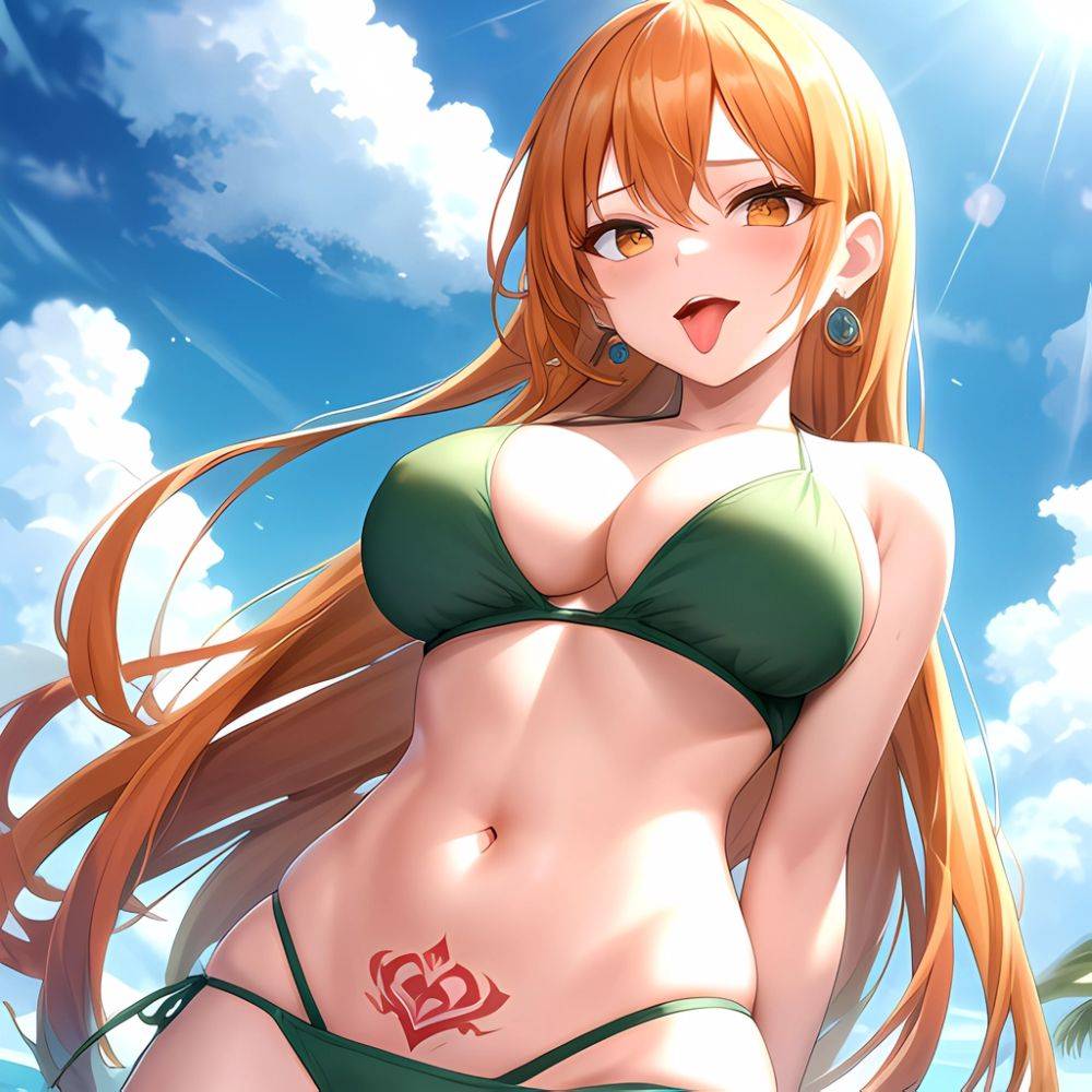 Nami One Piece 1girl Bare Arms Bare Shoulders Bikini Breasts Earrings Green Bikini Groin Jewelry Large Breasts Long Hair Looking, 466999974 - AIHentai - #main