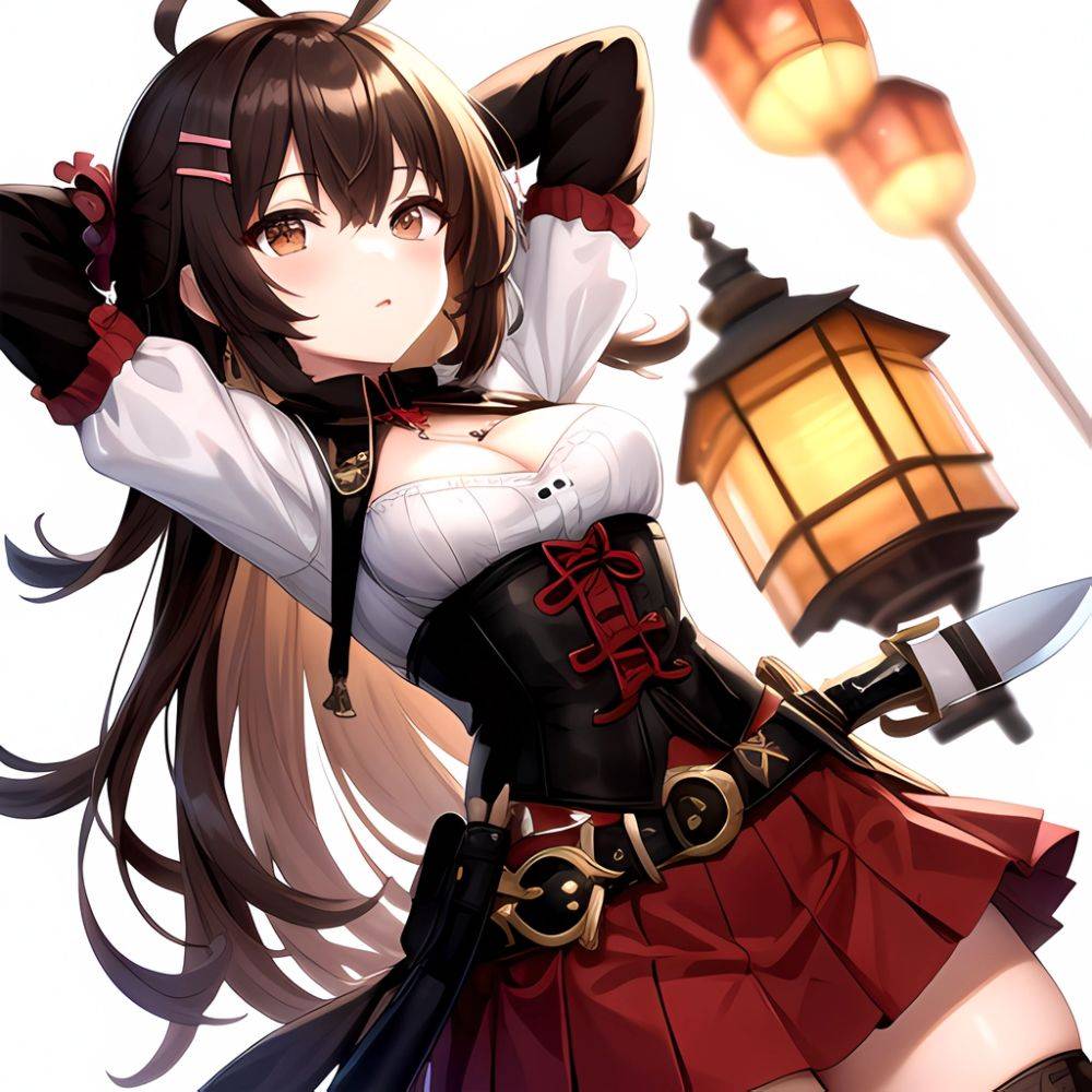 Nanashi Mumei Nanashi Mumei 1st Costume 1girl Ahoge Arms Behind Head Arms Up Belt Brown Corset Brown Eyes Brown Hair, 1312658525 - AIHentai - #main