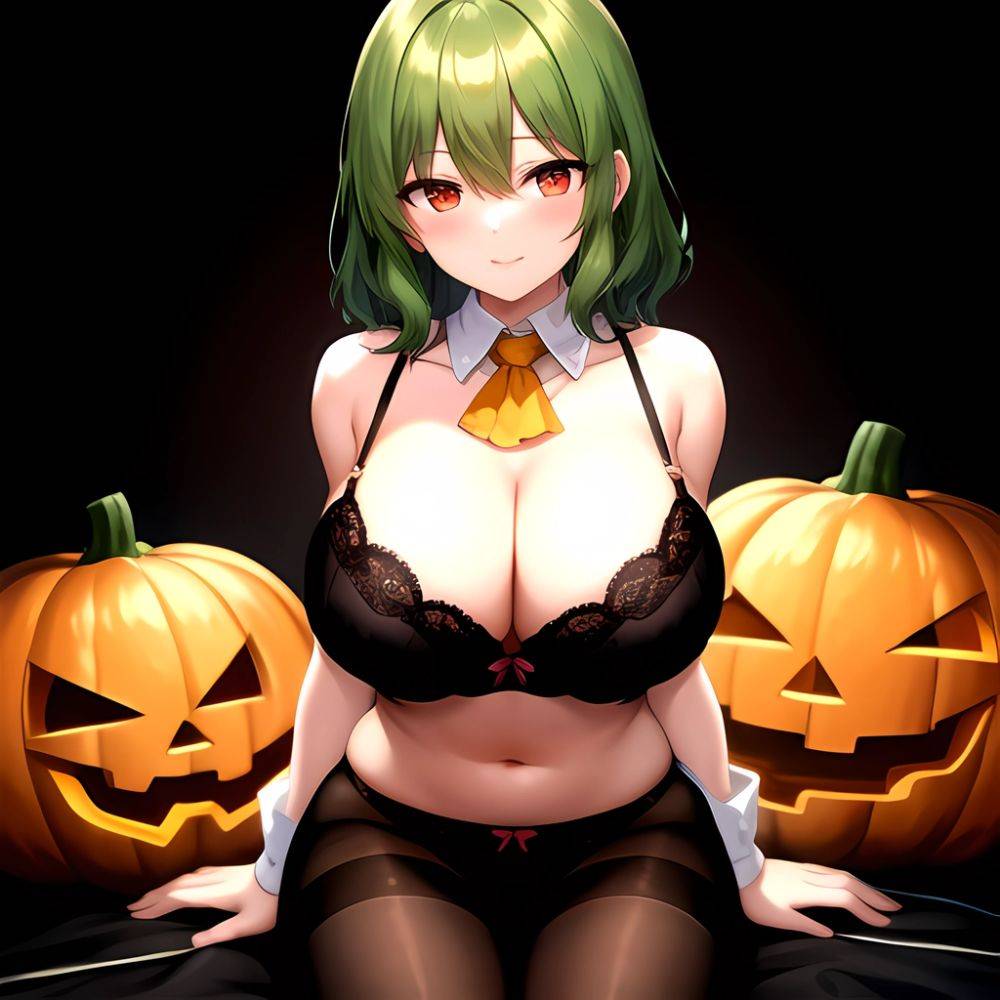 Kazami Yuuka 1girl Arms Behind Back Ascot Black Background Black Bra Black Panties Black Pantyhose Bra Breasts Cleavage Green Ha, 4252662804 - AIHentai - #main