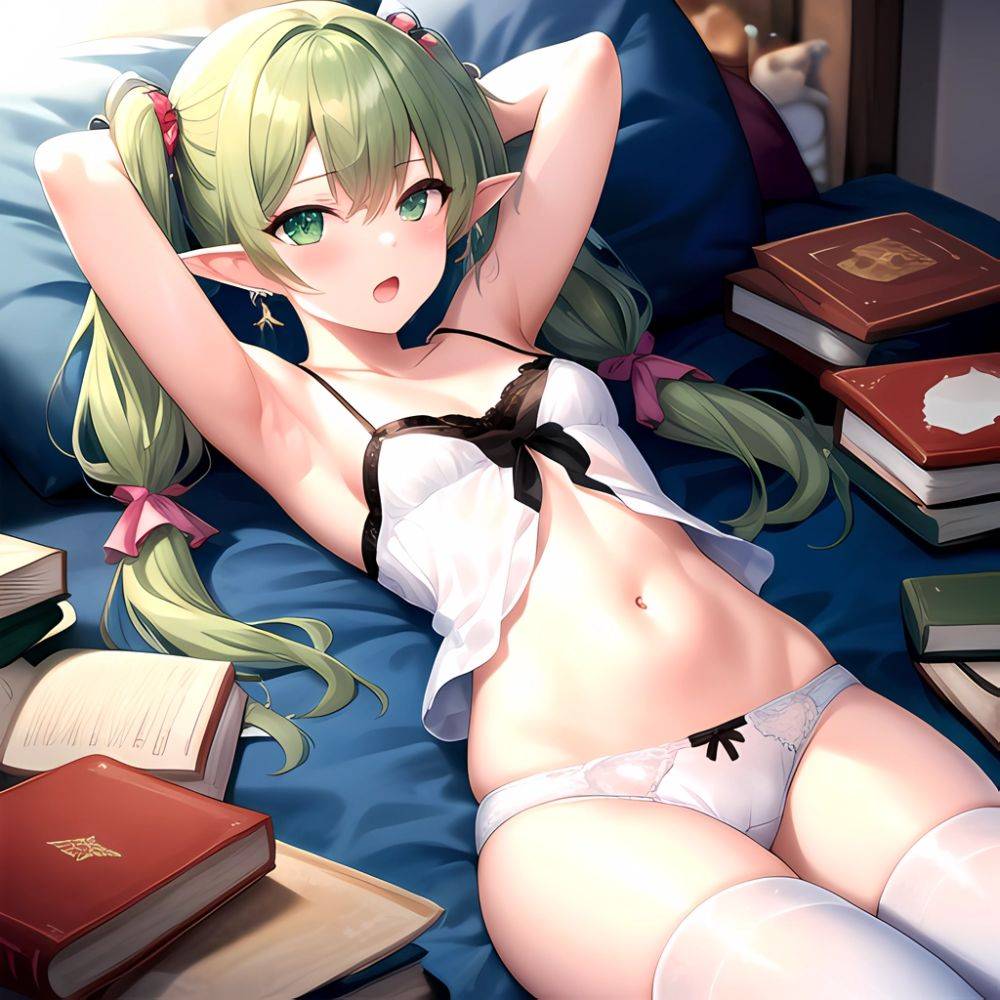 Frieren 1girl Alternate Costume Arm Behind Head Arm Up Armpits Bare Shoulders Book Breasts Brown Thighhighs Camisole Collarbone, 2451804339 - AIHentai - #main