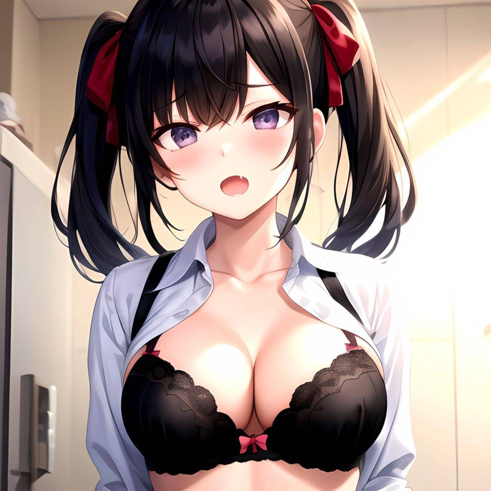 1girl Black Eyes Black Hair Blush Bow Bowtie Bra Breasts Center Opening Cleavage Collared Shirt Fang Grey Bra Hair Intakes, 4174647645 - AIHentai - #main
