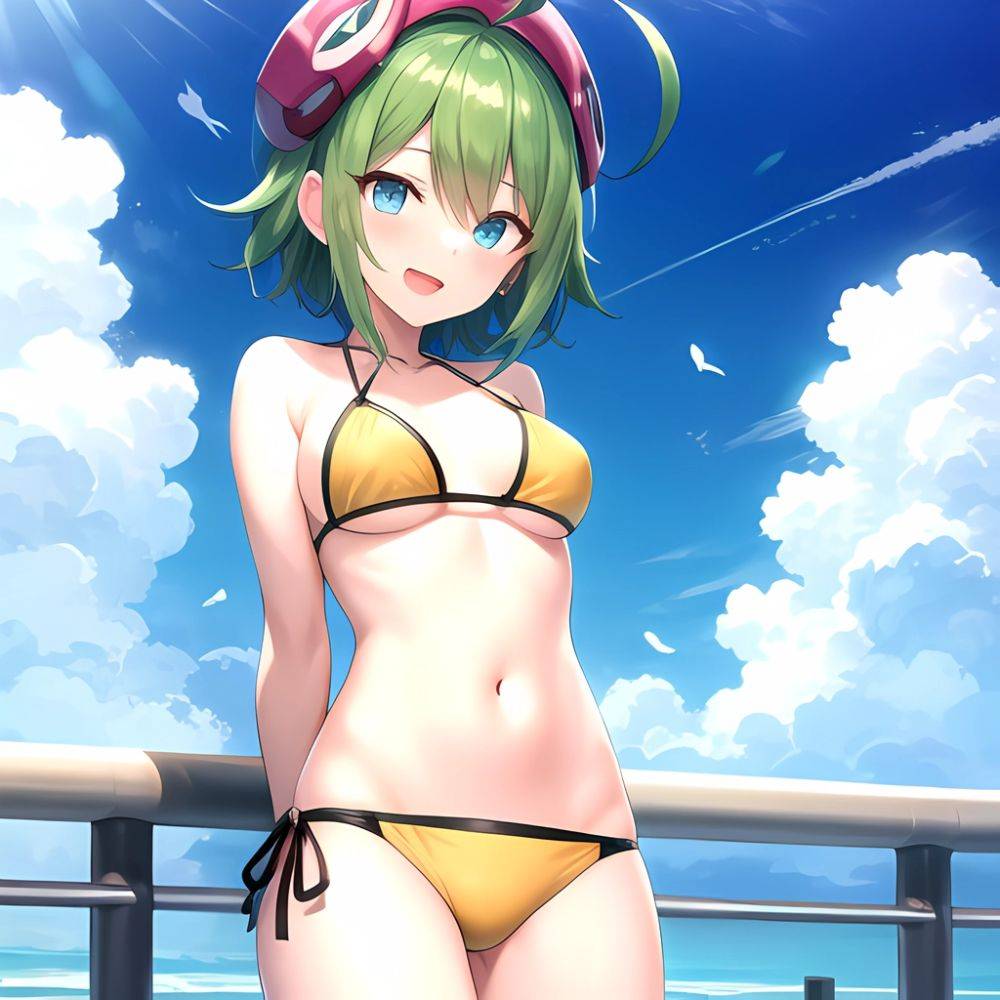 Roro Gunvolt 1girl Ahoge Arms Behind Back Bikini Blue Eyes Breasts Cowboy Shot Green Hair Groin Halterneck Headgear Light Partic, 3865011635 - AIHentai - #main