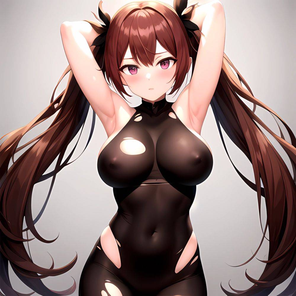 Roana Epic Seven 1girl Areola Slip Arm Garter Armpits Arms Up Black Bodysuit Blush Bodysuit Breasts Brown Hair Covered Navel, 3111993669 - AIHentai - #main