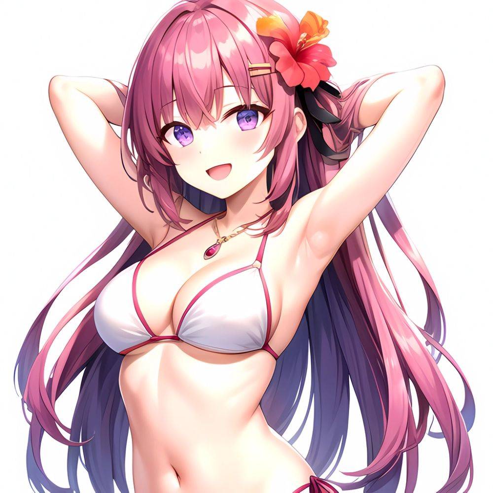 Yayoi Sakura 1girl Armpits Arms Behind Head Bikini Bracelet Breasts Cleavage Flower Hair Flower Hair Ornament Hibiscus Long Hair, 3965202189 - AIHentai - #main