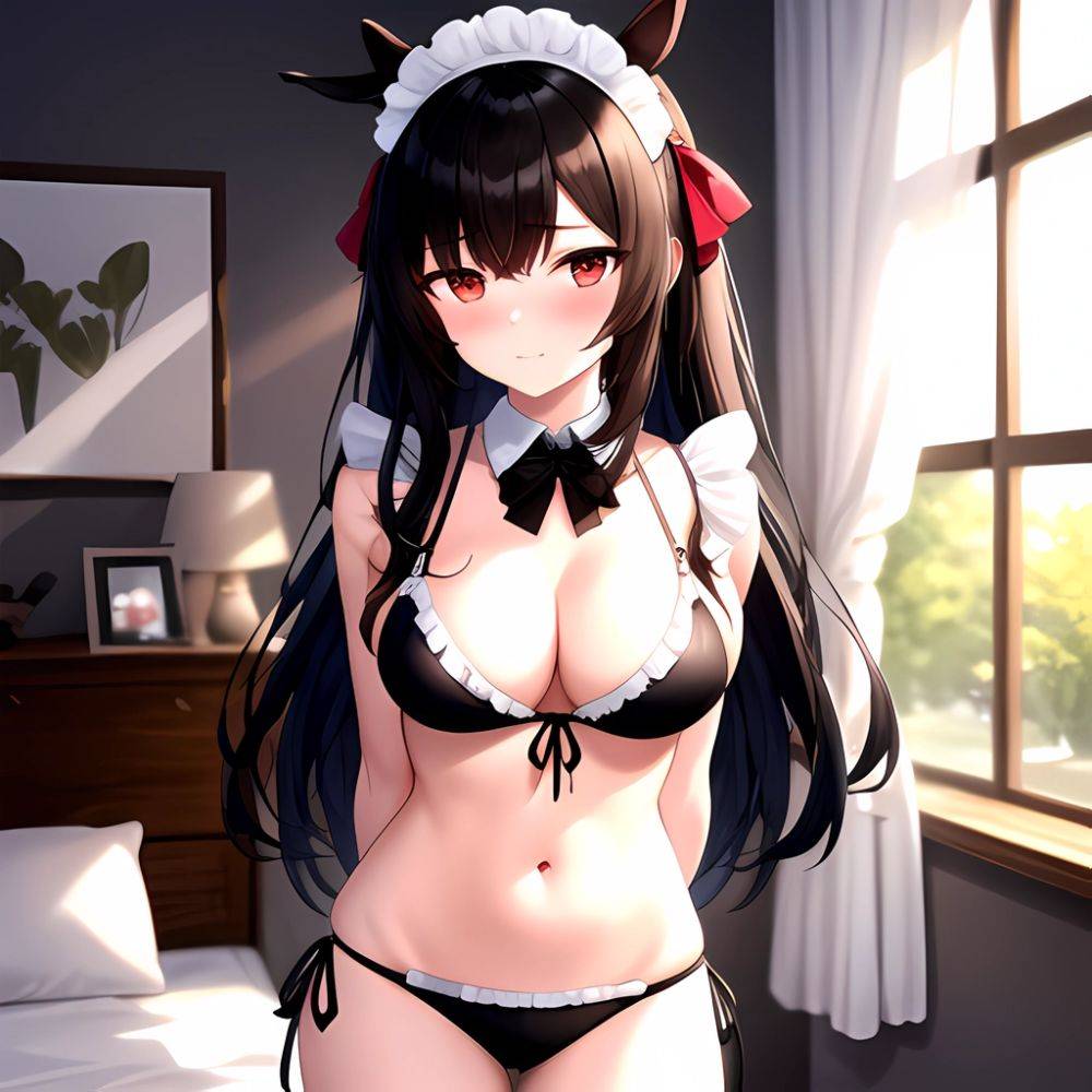 1girl Alternate Costume Animal Ears Bed Bikini Black Bikini Black Ribbon Blush Bow Breasts Cleavage Closed Mouth Cowboy Shot Det, 1565668769 - AIHentai - #main