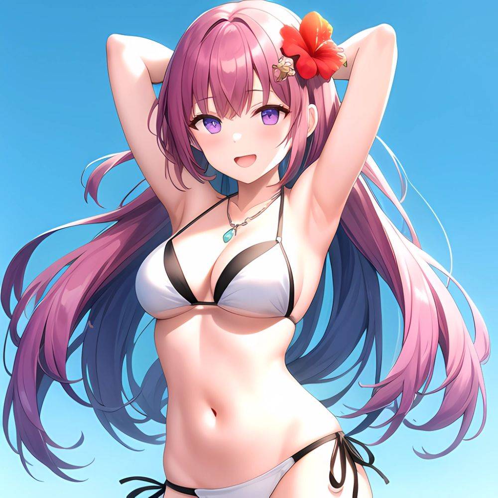 Yayoi Sakura 1girl Armpits Arms Behind Head Bikini Bracelet Breasts Cleavage Flower Hair Flower Hair Ornament Hibiscus Long Hair, 265778198 - AIHentai - #main