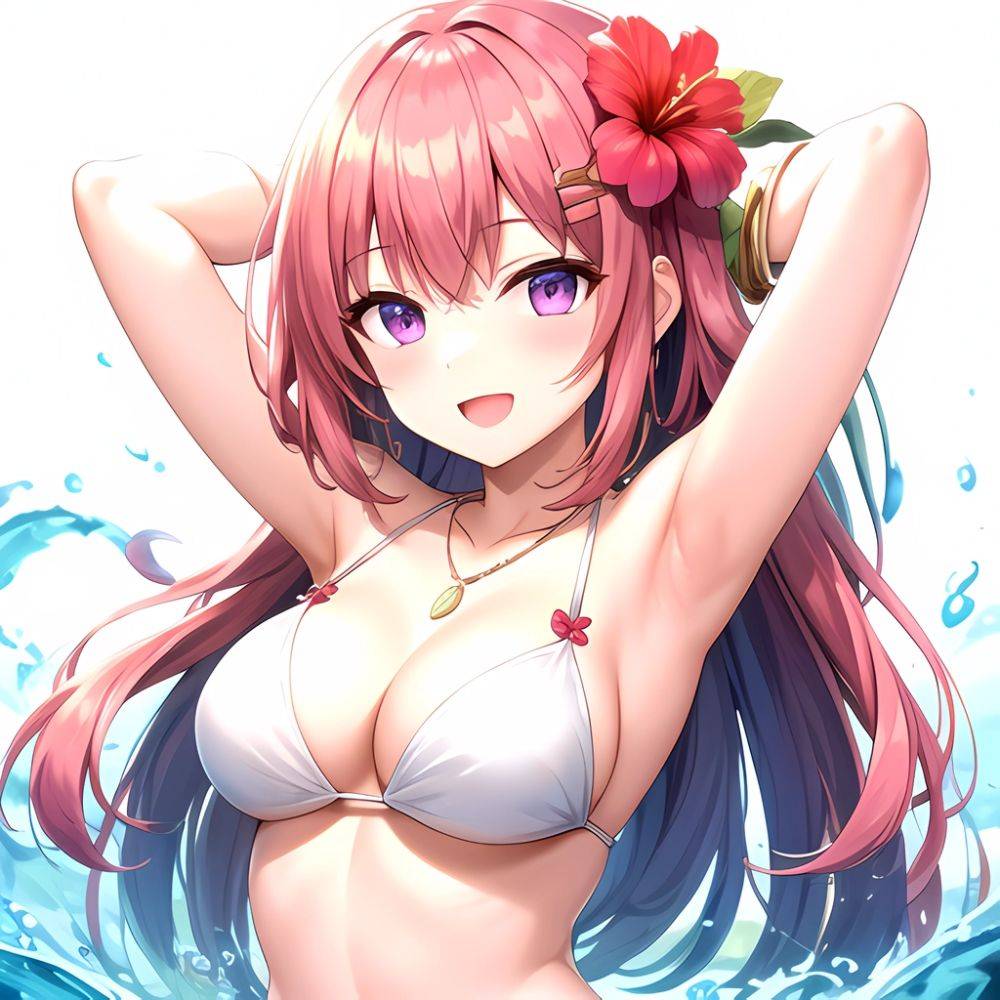 Yayoi Sakura 1girl Armpits Arms Behind Head Bikini Bracelet Breasts Cleavage Flower Hair Flower Hair Ornament Hibiscus Long Hair, 169982577 - AIHentai - #main