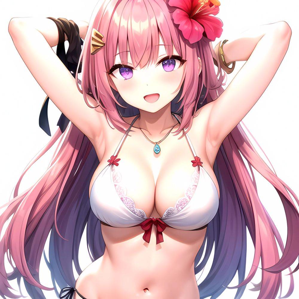 Yayoi Sakura 1girl Armpits Arms Behind Head Bikini Bracelet Breasts Cleavage Flower Hair Flower Hair Ornament Hibiscus Jewelry L, 3724695247 - AIHentai - #main