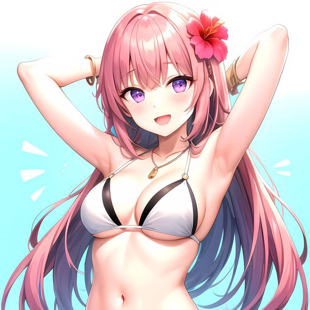 Yayoi Sakura 1girl Armpits Arms Behind Head Bikini Bracelet Breasts Cleavage Flower Hair Flower Hair Ornament Hibiscus Long Hair, 90657871 - AIHentai - #main
