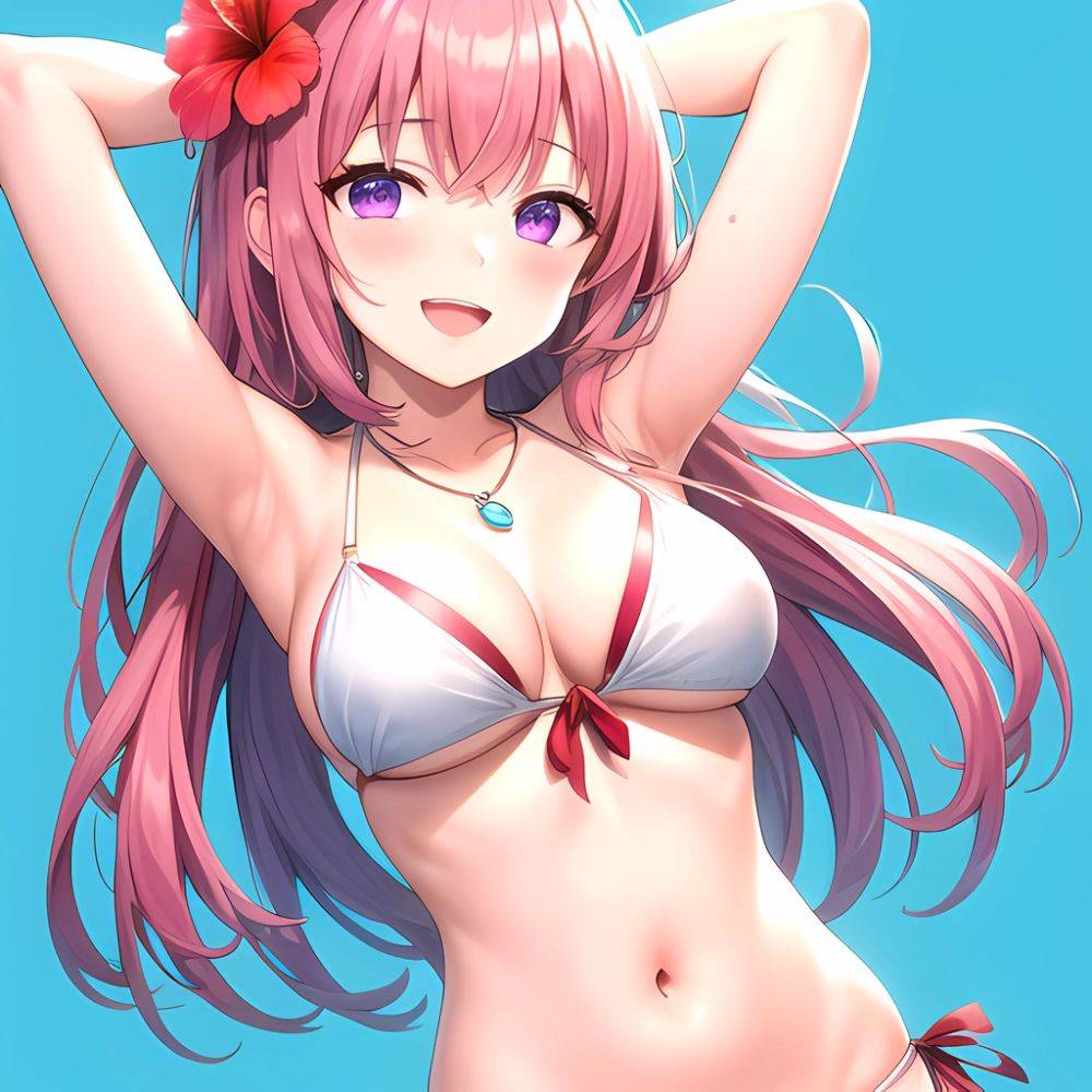 Yayoi Sakura 1girl Armpits Arms Behind Head Bikini Bracelet Breasts Cleavage Flower Hair Flower Hair Ornament Hibiscus Long Hair, 685220066 - AIHentai - #main