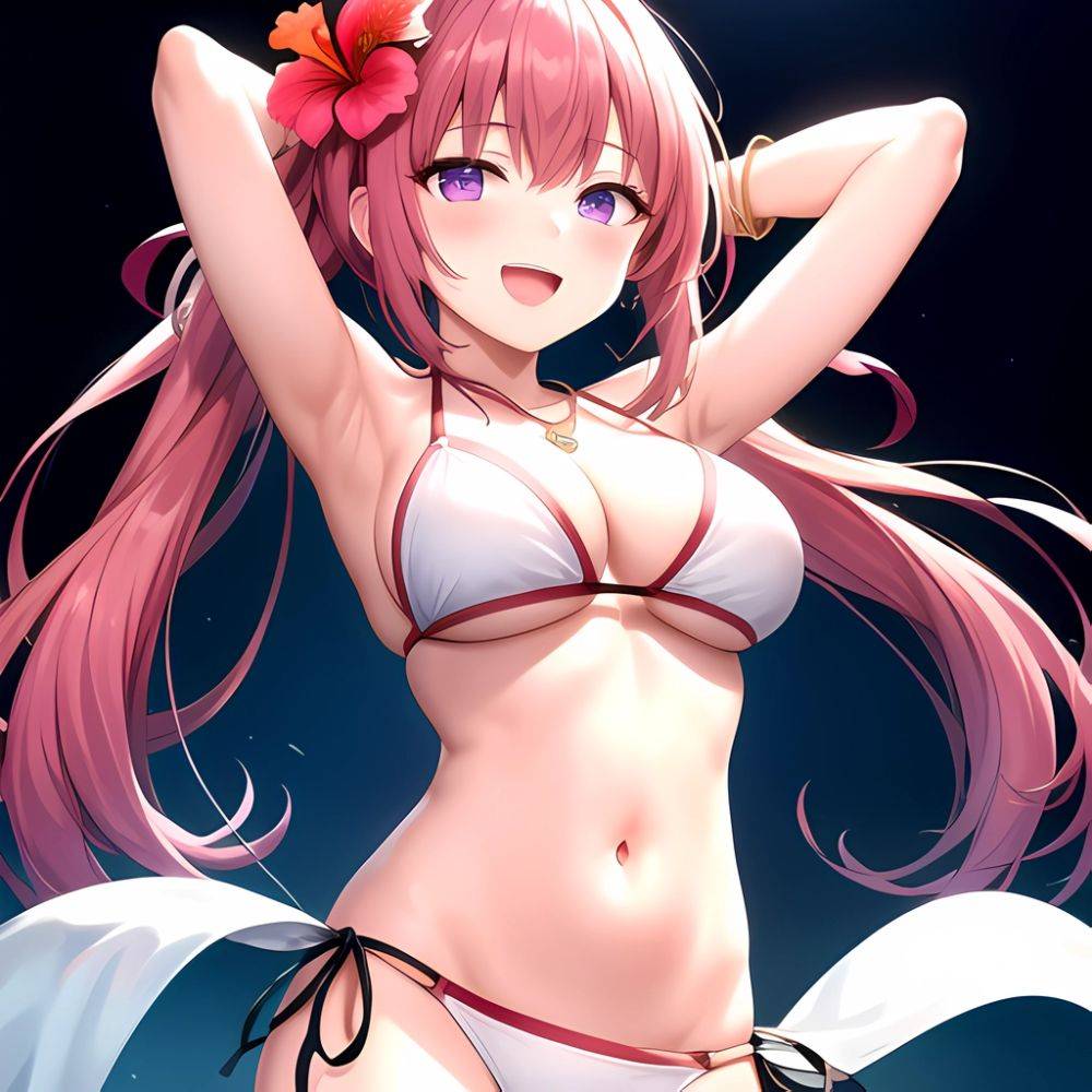 Yayoi Sakura 1girl Armpits Arms Behind Head Bikini Bracelet Breasts Cleavage Flower Hair Flower Hair Ornament Hibiscus Long Hair, 192241994 - AIHentai - #main