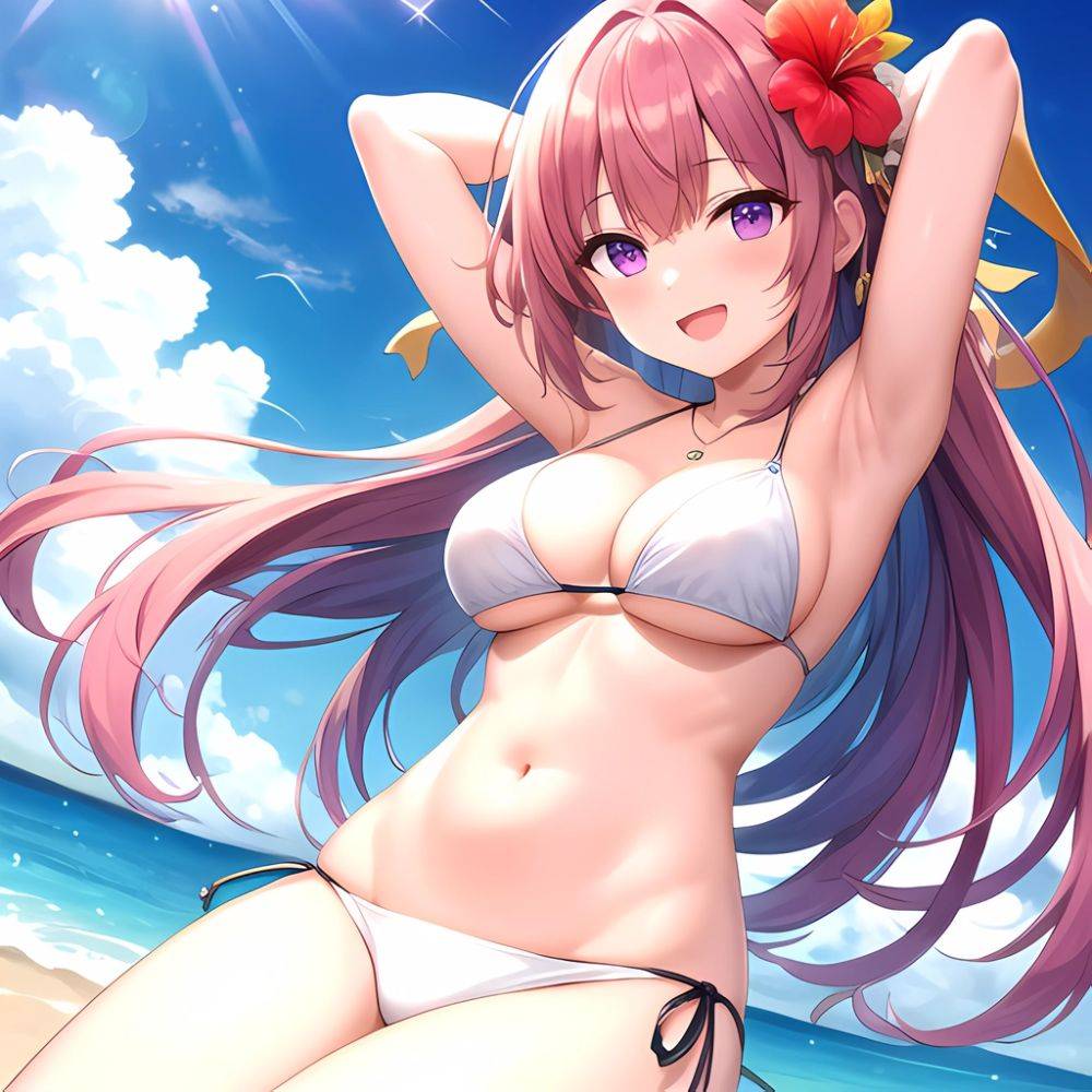 Yayoi Sakura 1girl Armpits Arms Behind Head Bikini Bracelet Breasts Cleavage Flower Hair Flower Hair Ornament Hibiscus Jewellery, 2254428105 - AIHentai - #main