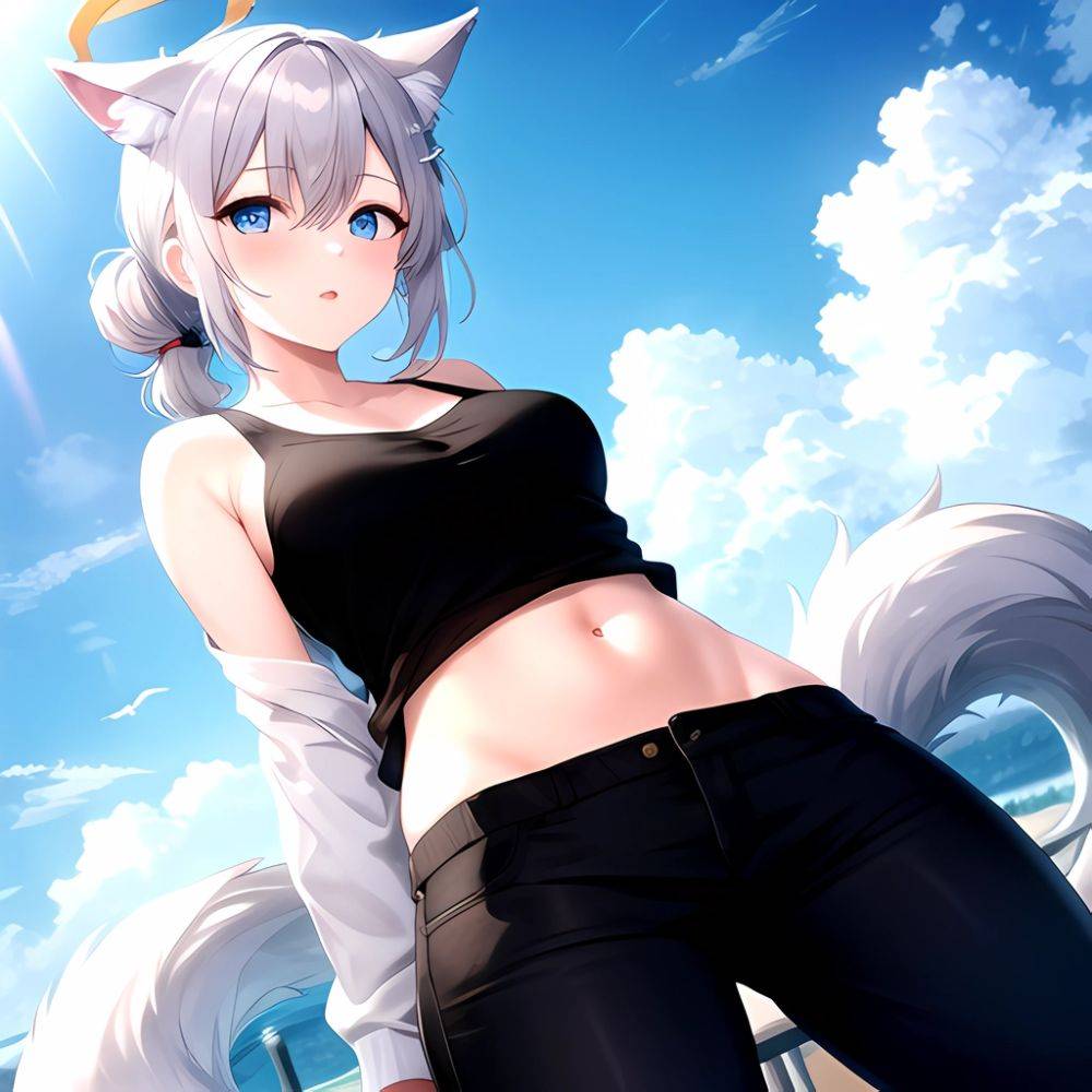 Shiroko Blue Archive 1girl Alternate Costume Animal Ear Fluff Animal Ears Arms Behind Back Black Pants Blue Eyes Blue Sky, 885871039 - AIHentai - #main