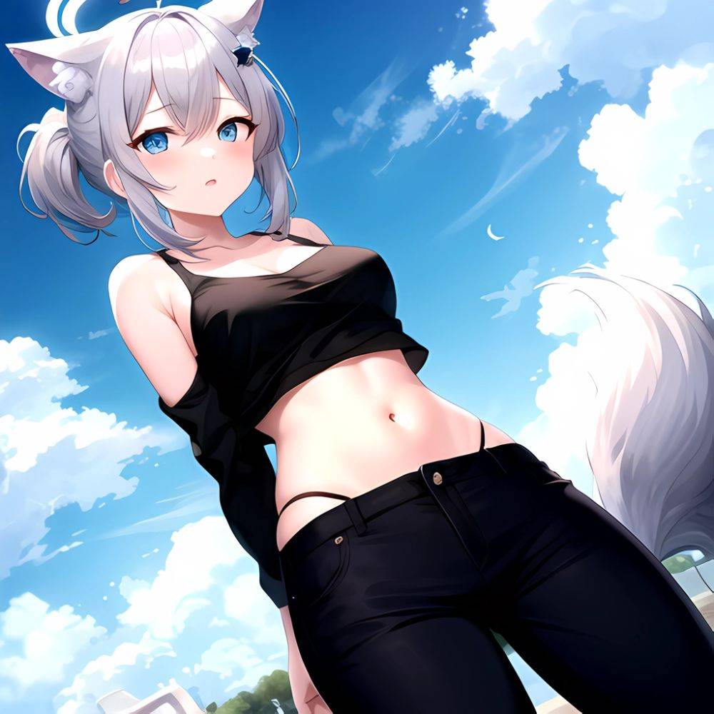 Shiroko Blue Archive 1girl Alternate Costume Animal Ear Fluff Animal Ears Arms Behind Back Black Pants Blue Eyes Blue Sky, 1168974749 - AIHentai - #main