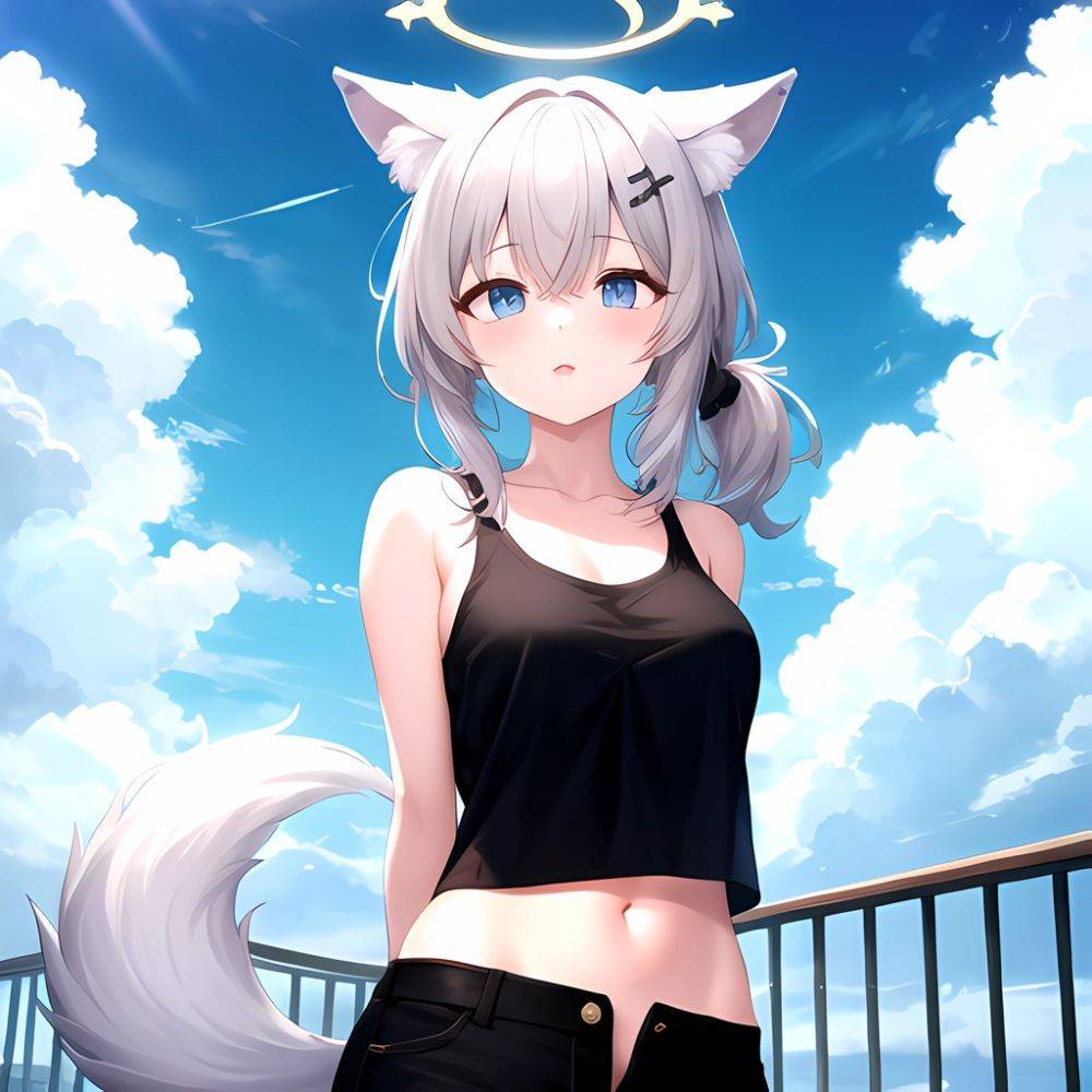 Shiroko Blue Archive 1girl Alternate Costume Animal Ear Fluff Animal Ears Arms Behind Back Black Pants Blue Eyes Blue Sky, 449629444 - AIHentai - #main