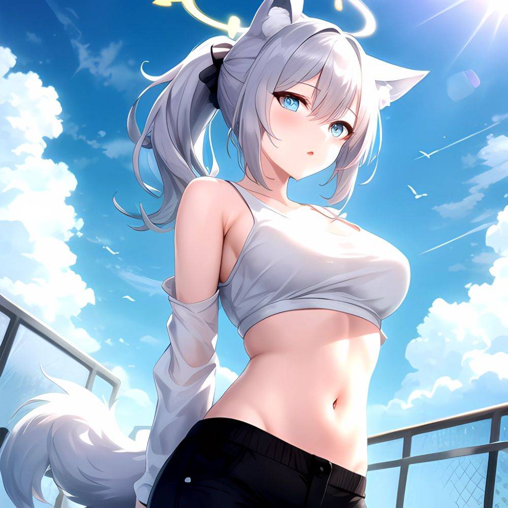 Shiroko Blue Archive 1girl Alternate Costume Animal Ear Fluff Animal Ears Arms Behind Back Black Pants Blue Eyes Blue Sky, 154148521 - AIHentai - #main