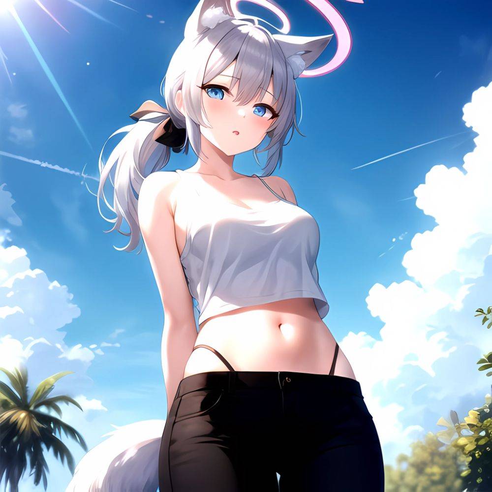 Shiroko Blue Archive 1girl Alternate Costume Animal Ear Fluff Animal Ears Arms Behind Back Black Pants Blue Eyes Blue Sky, 688335777 - AIHentai - #main