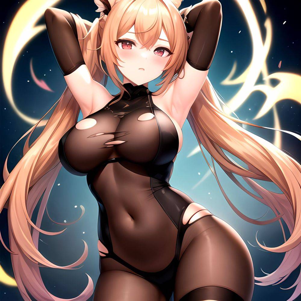 Roana Epic Seven 1girl Areola Slip Arm Garter Armpits Arms Behind Head Black Bodysuit Blush Bodysuit Breasts Brown Hair Covered, 4020381675 - AIHentai - #main