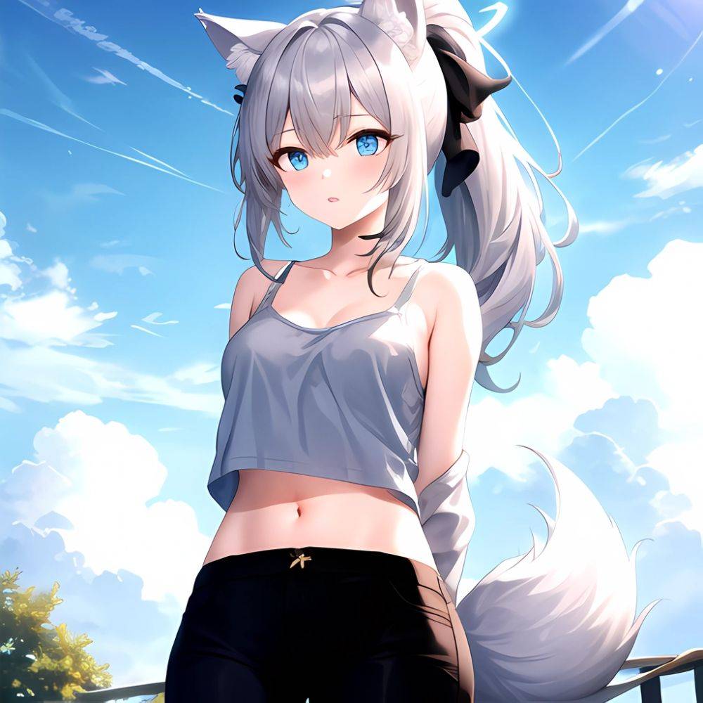 Shiroko Blue Archive 1girl Alternate Costume Animal Ear Fluff Animal Ears Arms Behind Back Black Pants Blue Eyes Blue Sky, 113461665 - AIHentai - #main